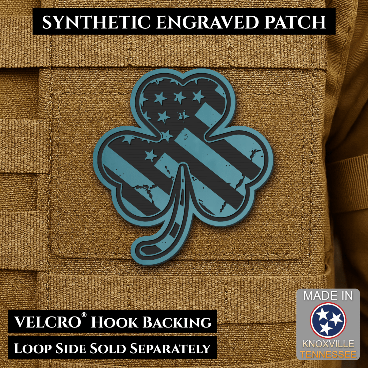 Front design and hook backing of Irish American, Shamrock patch in topaz blue
