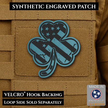 Front design and hook backing of Irish American, Shamrock patch in topaz blue