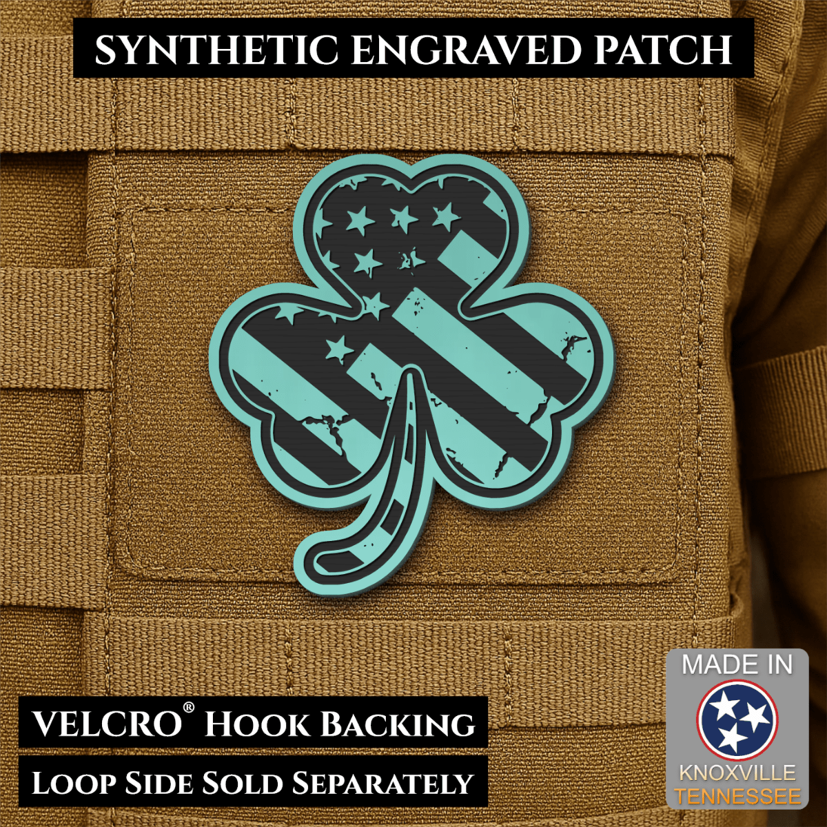 Front design and hook backing of Irish American, Shamrock patch in seafoam
