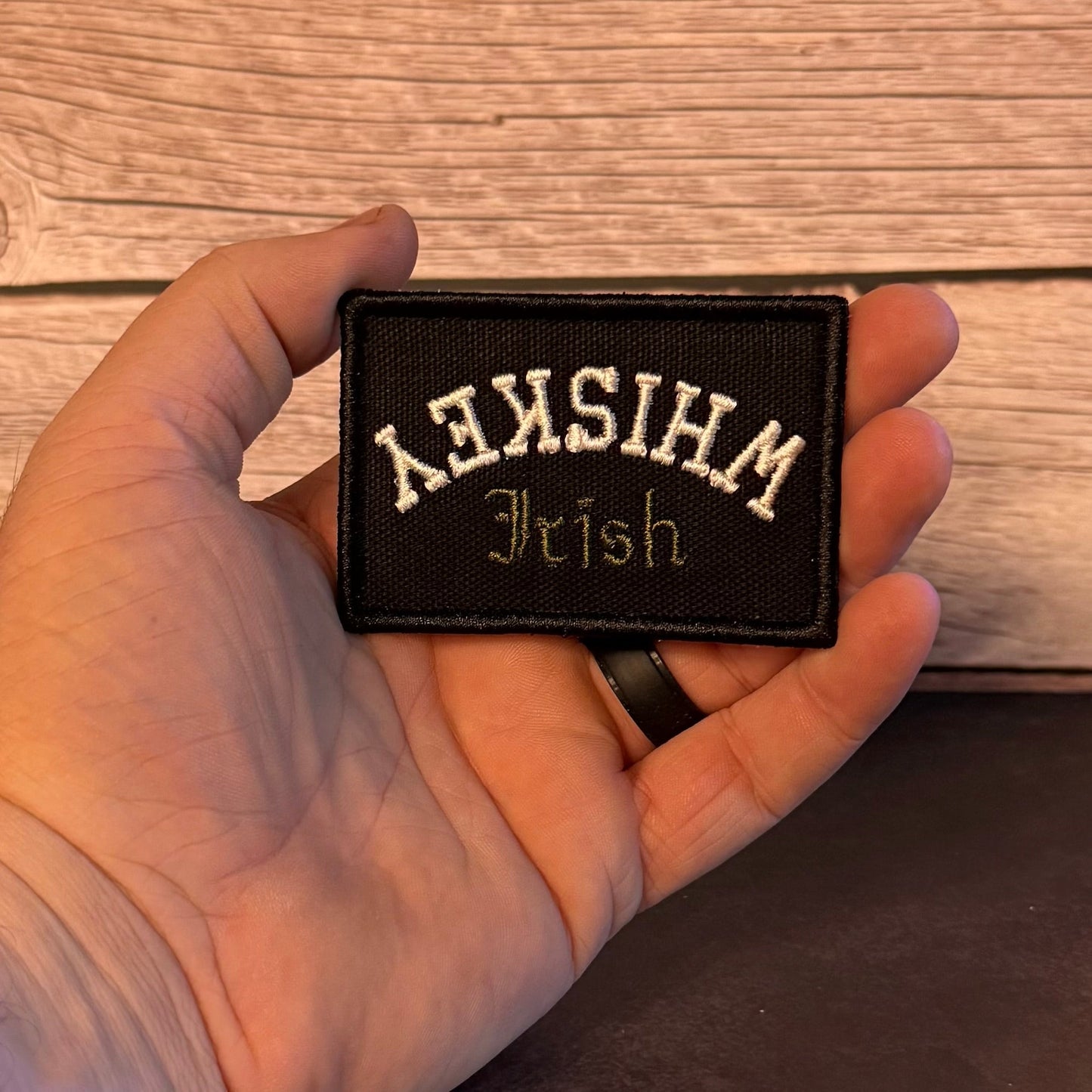 Irish Whiskey Upside Down Funny Morale Patch, 2x3" | Made in USA | VELCRO® Brand Hook Backing - LoneStar Adhesive