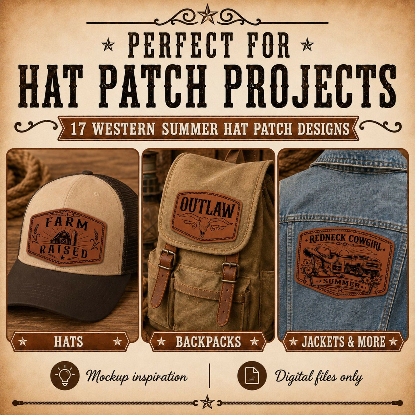 Cowboy Summer Hat Patch SVG Bundle, Western Leatherette Laser Files, 4x2.5 Engraved Patch Designs, XS PNG PDF, Bonus Red White Burnt