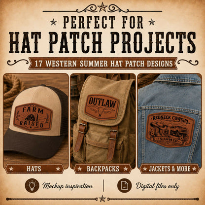 Cowboy Summer Hat Patch SVG Bundle, Western Leatherette Laser Files, 4x2.5 Engraved Patch Designs, XS PNG PDF, Bonus Red White Burnt