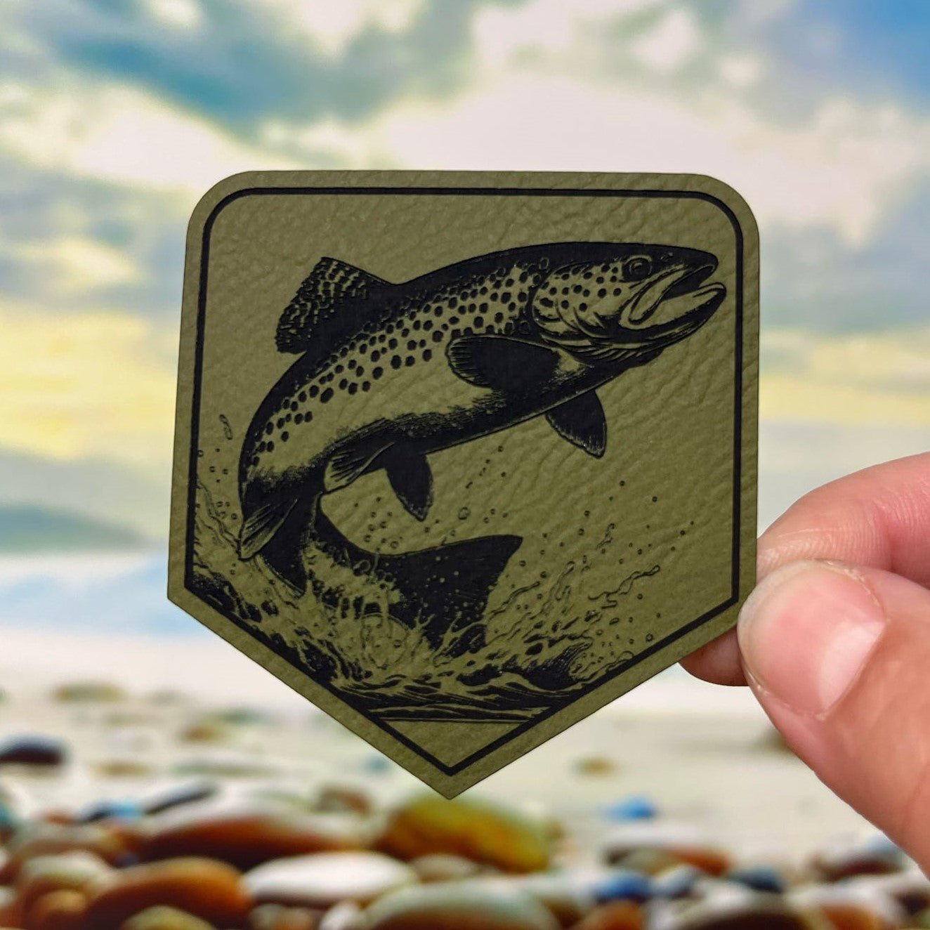 Jumping Trout Fishing Engraved Leatherette Hat Patch - MR01 - LoneStar Adhesive