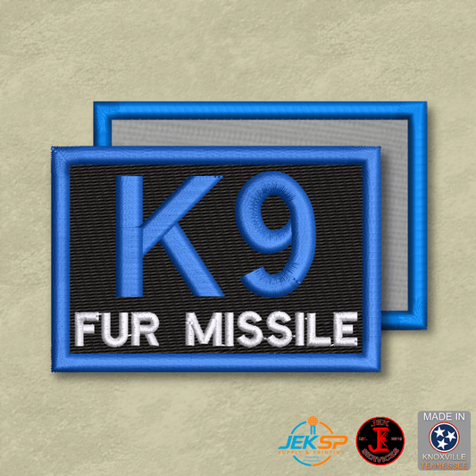 K-9 Fur Missile Funny Morale Patch | Made in USA | VELCRO® Brand Hook Backing - LoneStar Adhesive