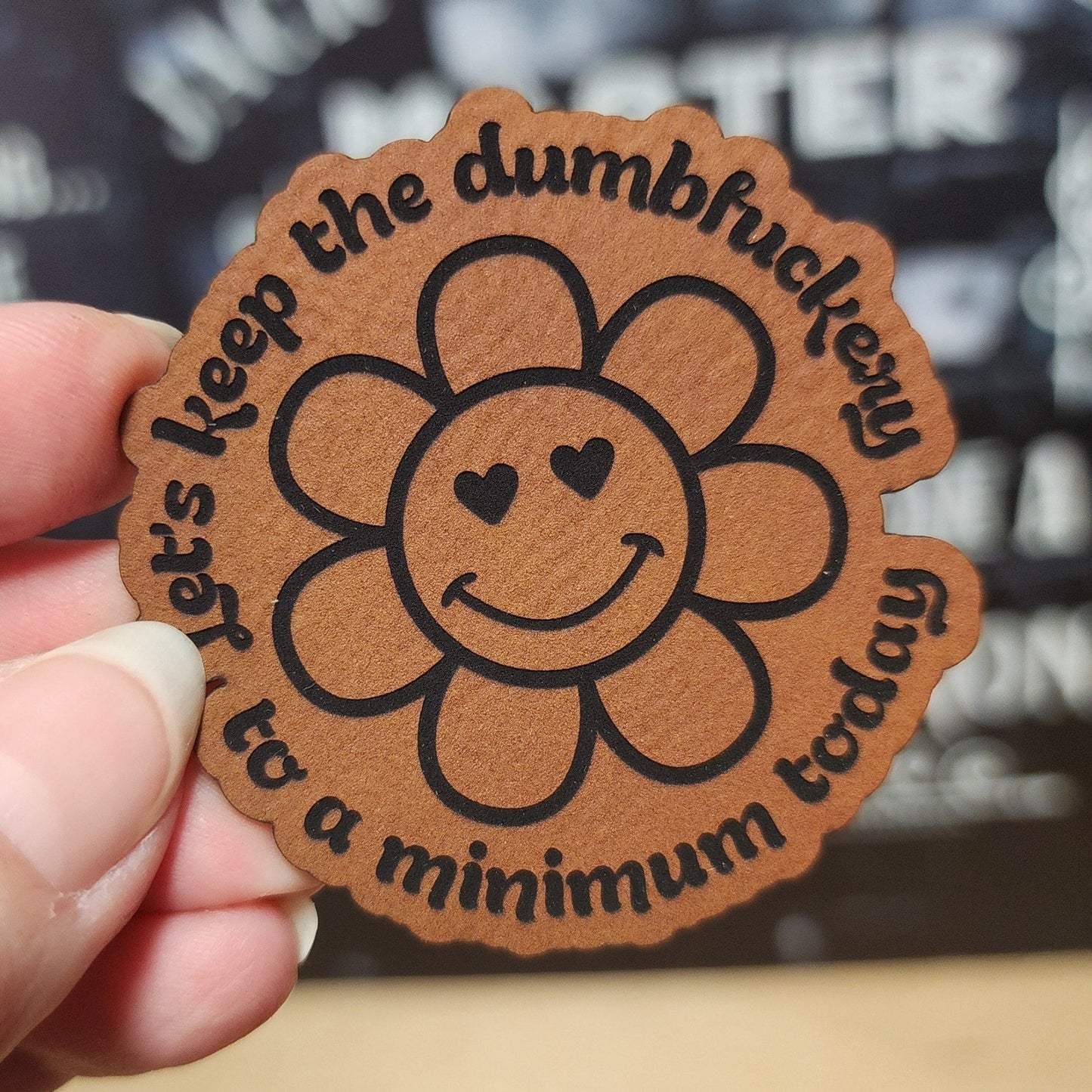 Keep It to a Minimum Flower (Saddle Tan) Engraved Leatherette Hat Patch - MR01 - LoneStar Adhesive