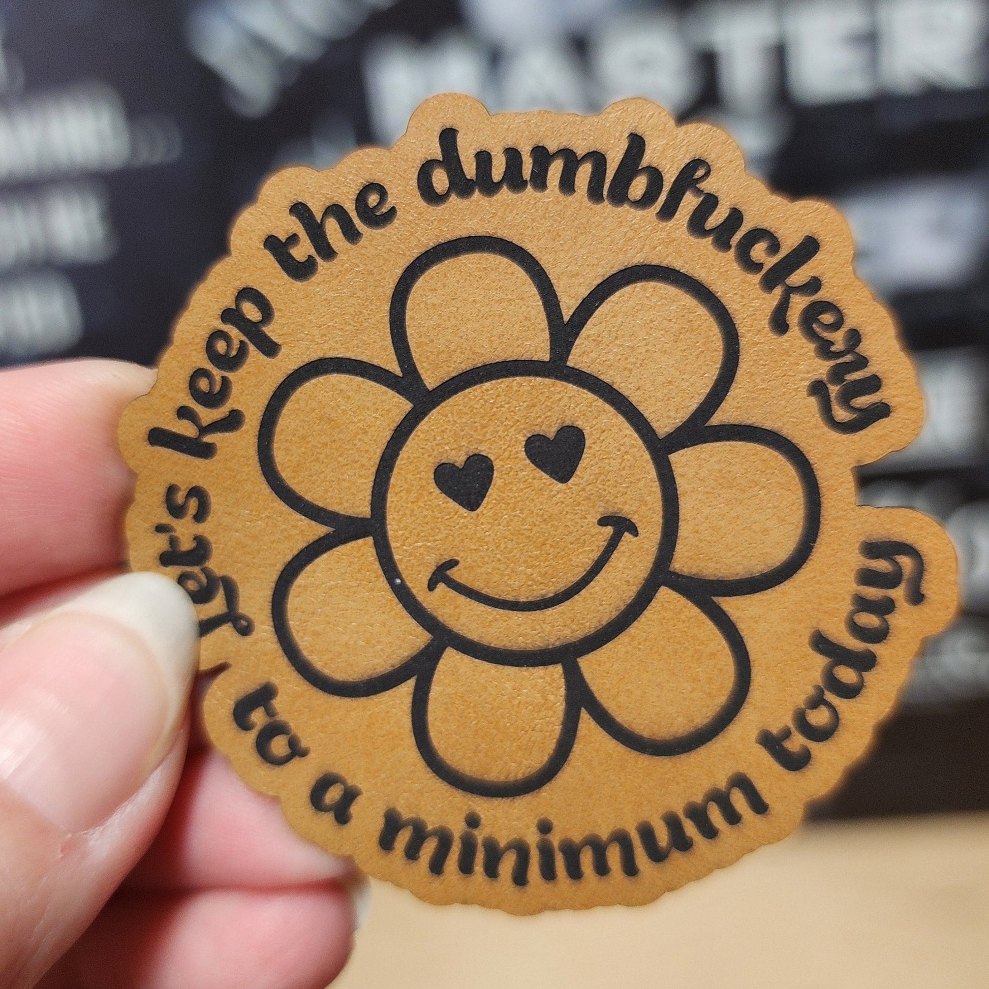 Keep It to a Minimum Flower (Saddle Tan) Engraved Leatherette Hat Patch - MR01 - LoneStar Adhesive