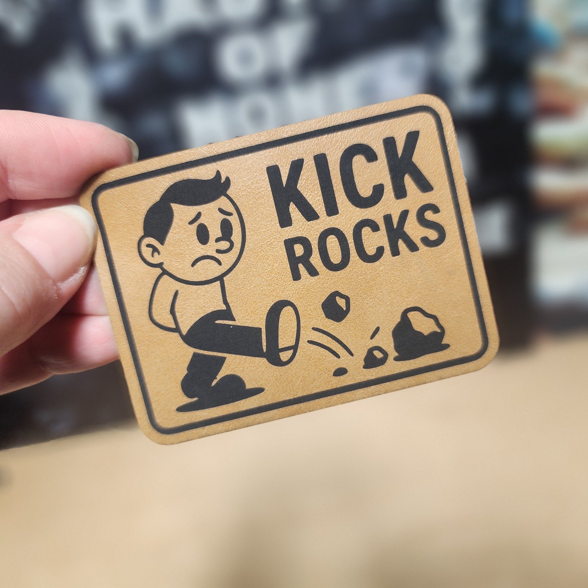 Kick Rocks (Saddle Tan) Engraved Leatherette Hat Patch - MR01 - LoneStar Adhesive