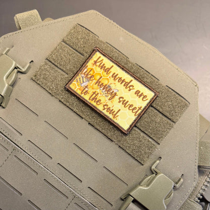 Kind Words Are Honey Sweet Bee Printed Morale Patch, 2x3" | VELCRO® Brand Hook Backing - #LoneStar Adhesive#