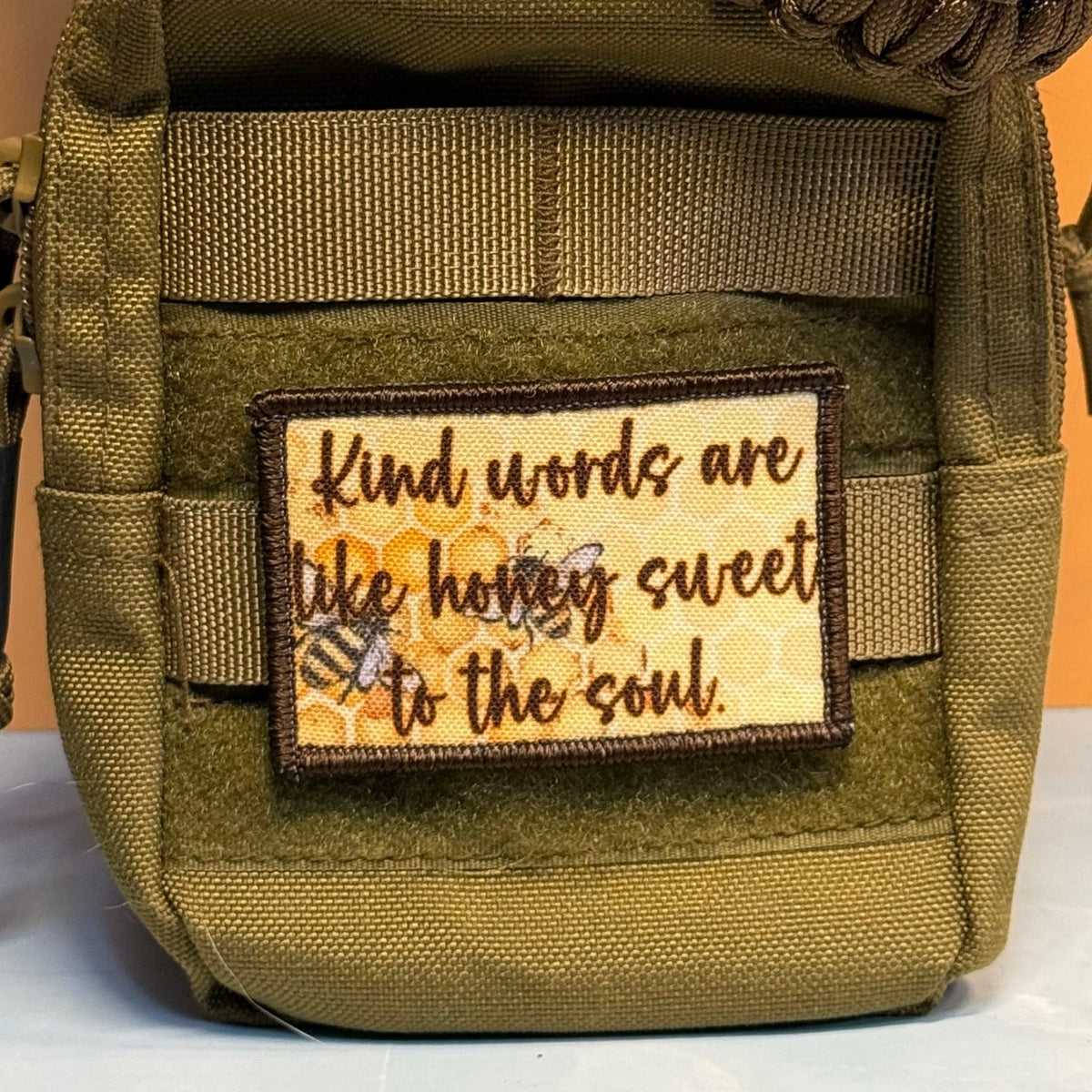 Kind Words Are Honey Sweet Bee Printed Morale Patch, 2x3" | VELCRO® Brand Hook Backing - #LoneStar Adhesive#
