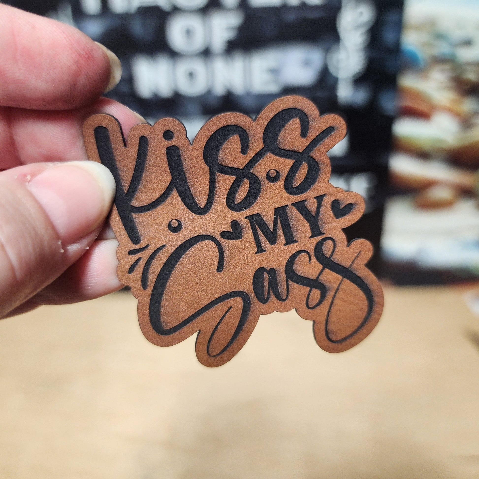 Kiss My Sass (Rawhide) Engraved Leatherette Hat Patch - MR01 - LoneStar Adhesive
