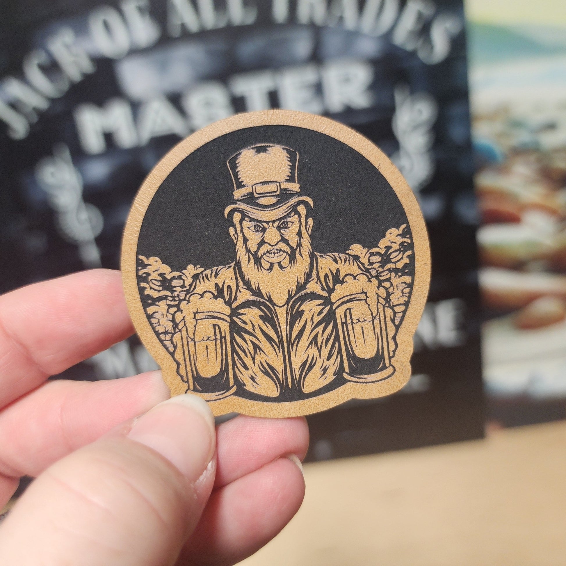 Leprechaun with Beer (Saddle Tan) Engraved Leatherette Hat Patch - MR01 - LoneStar Adhesive