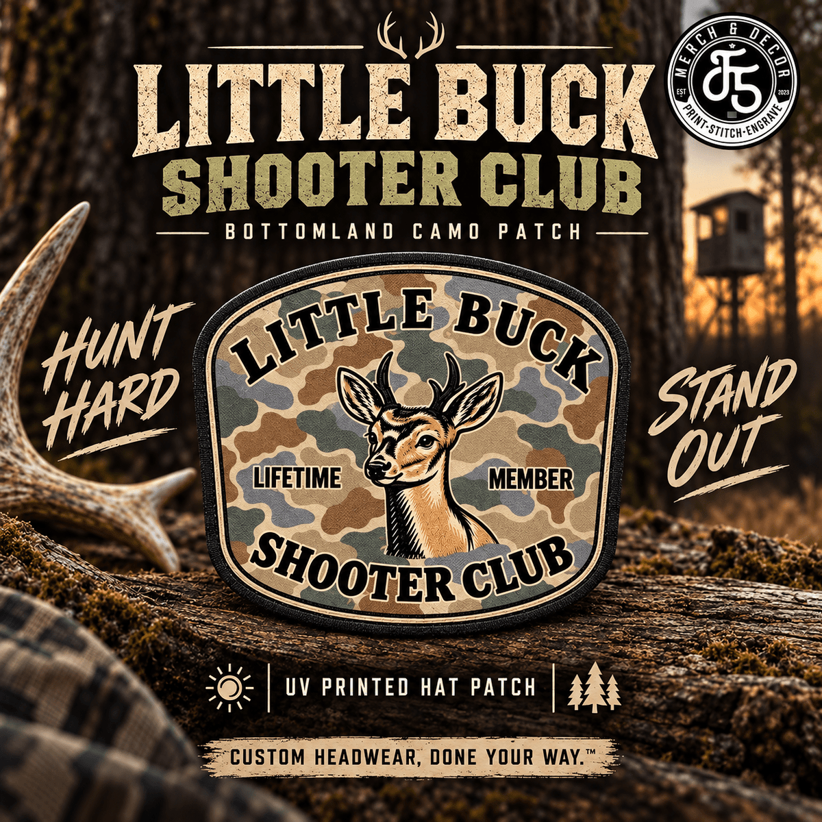 Little Buck Shooter Club Backwoods Camo UV Printed Hat Patch - LoneStar Adhesive