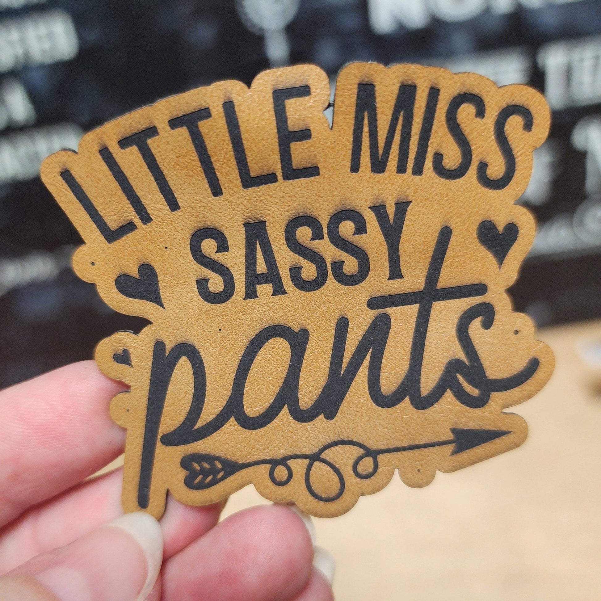 Little Miss Sassy Pants (Saddle Tan) Engraved Leatherette Hat Patch - MR01 - LoneStar Adhesive