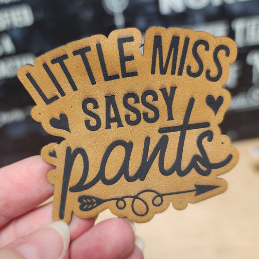 Little Miss Sassy Pants (Saddle Tan) Engraved Leatherette Hat Patch - MR01 - LoneStar Adhesive
