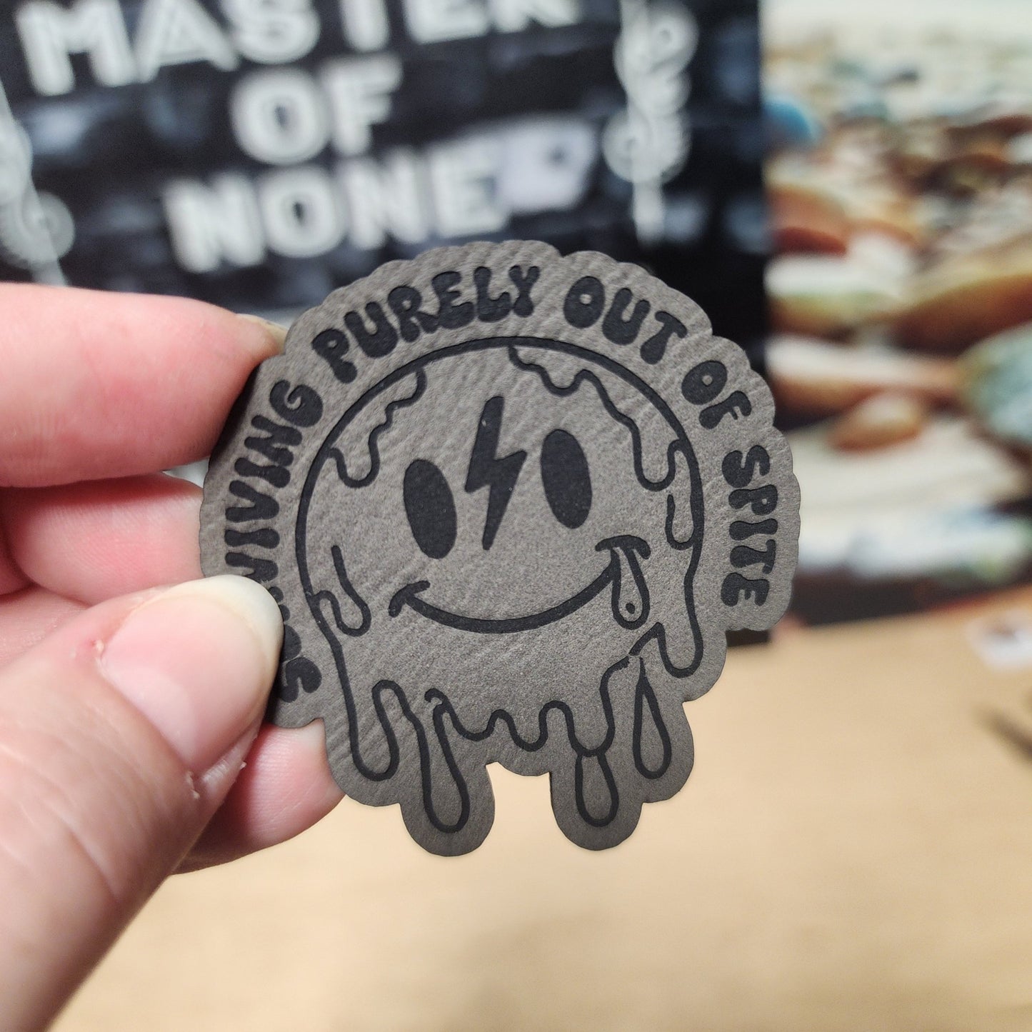 Living Purely Out of Spite (Grey) Engraved Leatherette Hat Patch - MR01 - LoneStar Adhesive