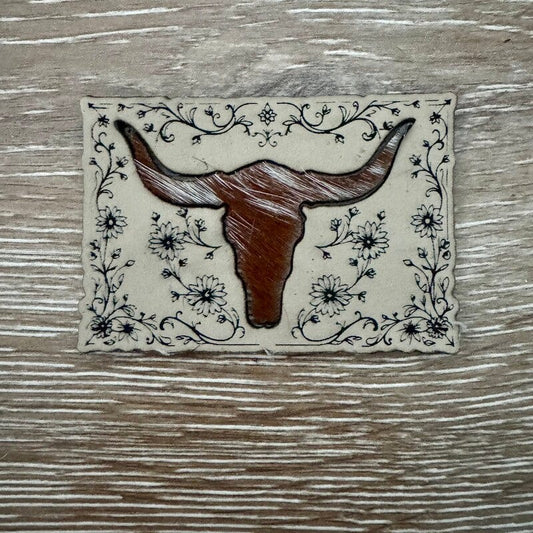 Longhorn Skull Floral Leatherette and Genuine Cowhide Iron-On Patch - #LoneStar Adhesive#