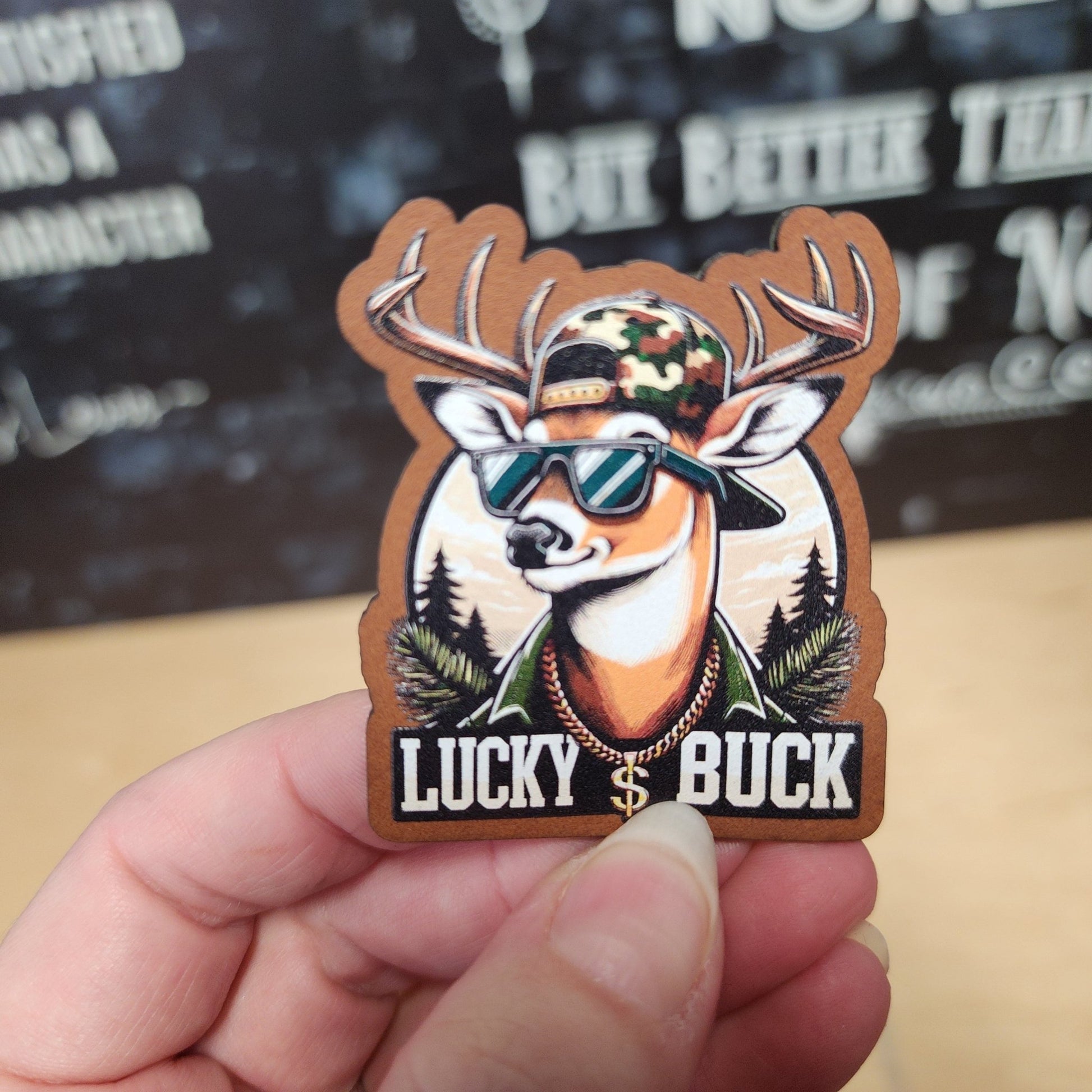 Lucky Buck Deer UV Printed Leatherette Hat Patch - MR01 - LoneStar Adhesive