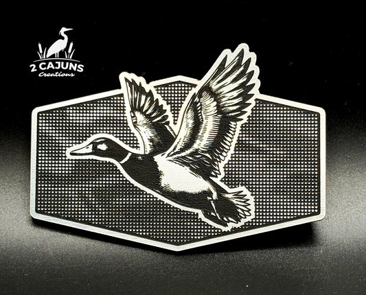 Mallard Duck on Linen Camo Design Dual Layer Stainless Black Acrylic Hat Patch - LoneStar Adhesive