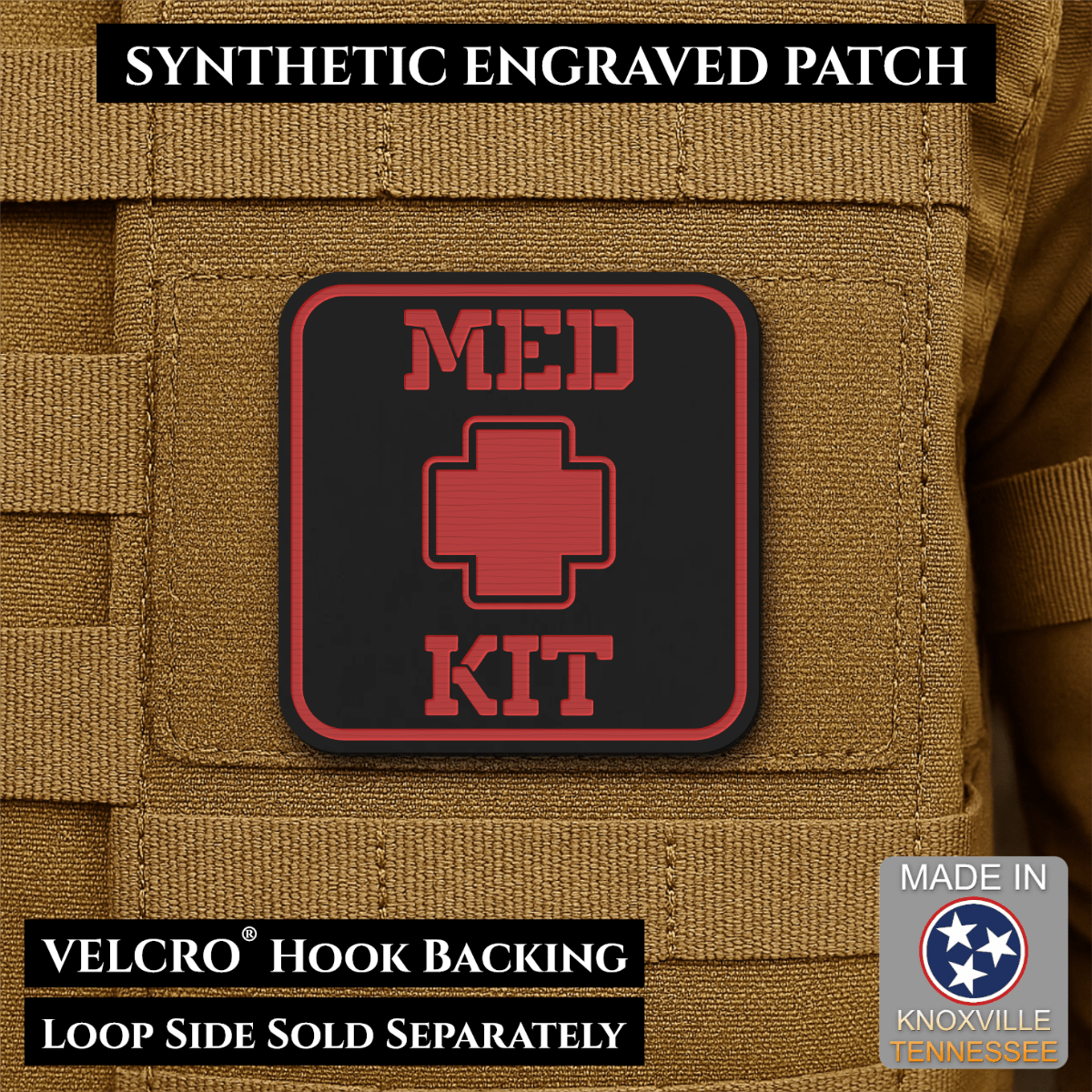 Med Kit IFAK, First-Aid Pouch Identification Patch, 2x2" | Made in USA | VELCRO® Brand Hook Backing - LoneStar Adhesive