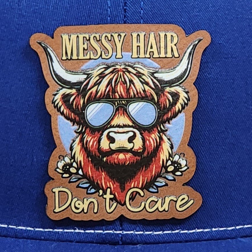 Messy Hair Highland Cow Engraved Leatherette Hat Patch - MR01 - LoneStar Adhesive