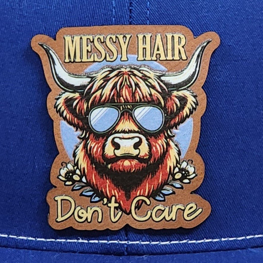 Messy Hair Highland Cow Engraved Leatherette Hat Patch - MR01 - LoneStar Adhesive