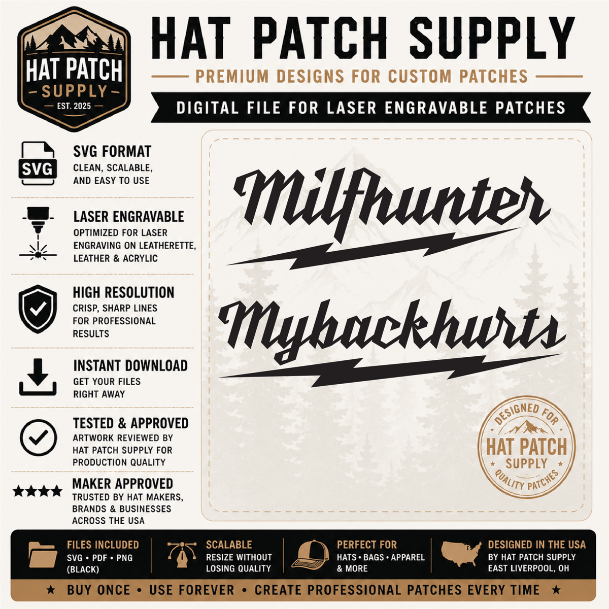MILF Hunter & My Back Hurts Hat Patch SVG Combo Pack | Funny Laser Engraving Files - LoneStar Adhesive