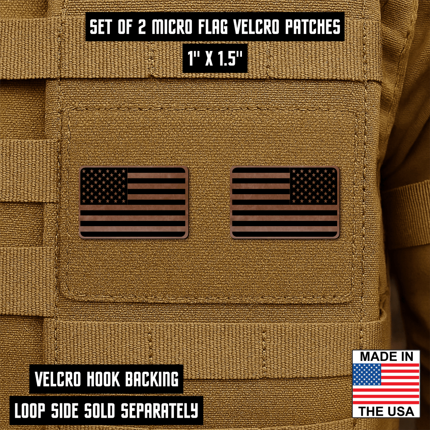 Mini American Flag Tactical Engraved Patch 1"x1.5" Hook & Loop | Set of 2 | Made in USA - LoneStar Adhesive