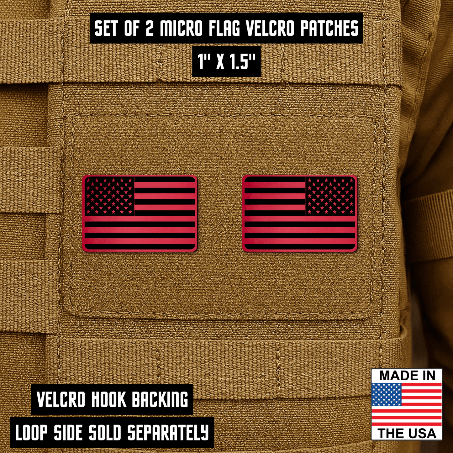 Mini American Flag Tactical Engraved Patch 1"x1.5" Hook & Loop | Set of 2 | Made in USA - LoneStar Adhesive