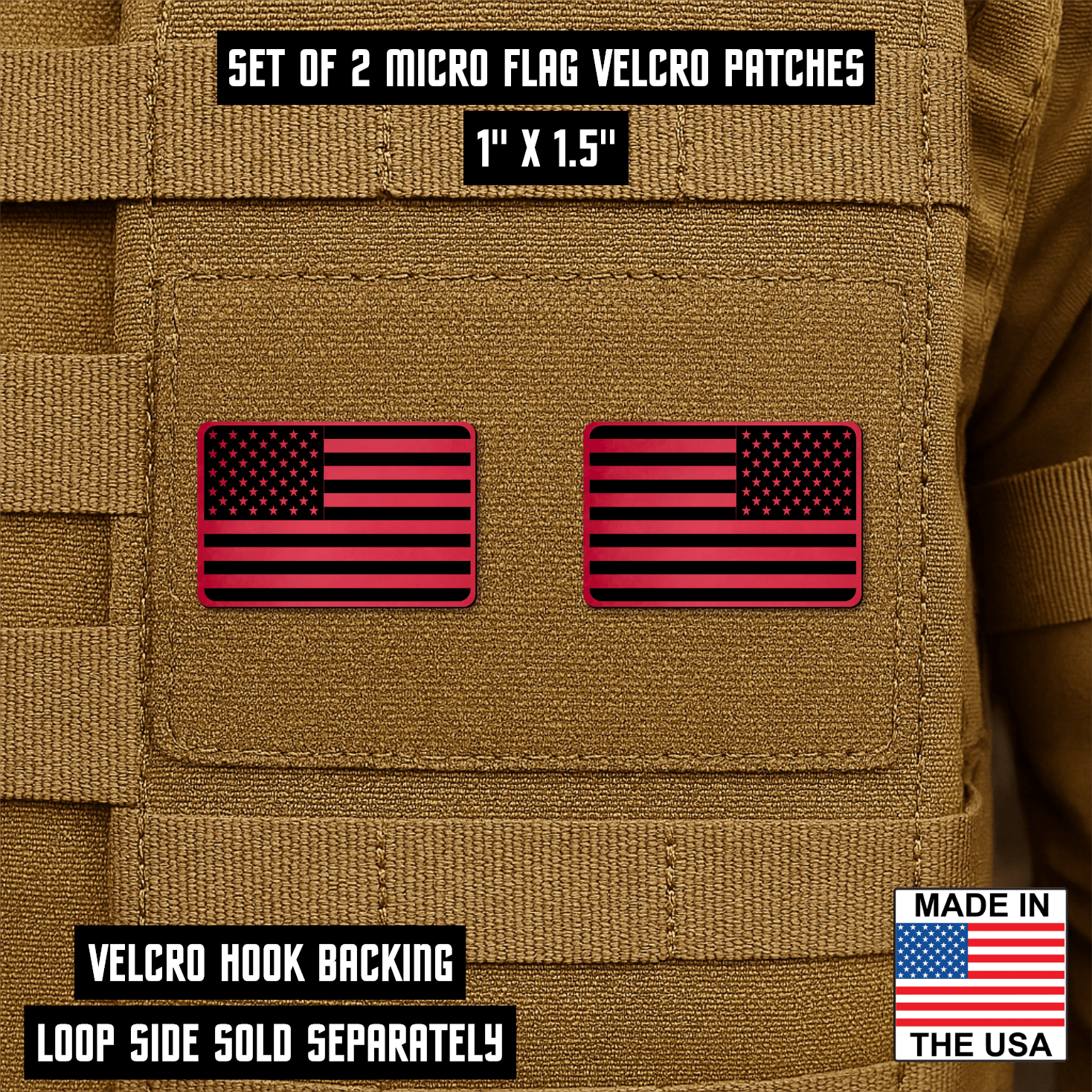 Mini American Flag Tactical Engraved Patch 1"x1.5" Hook & Loop | Set of 2 | Made in USA - LoneStar Adhesive