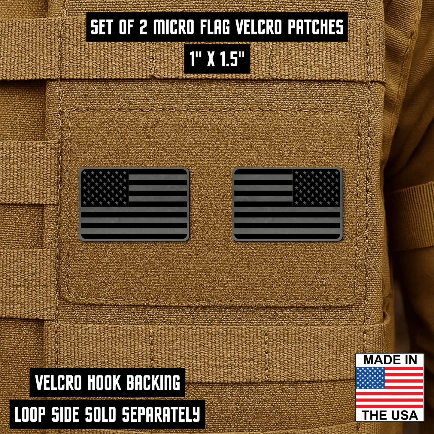 Mini American Flag Tactical Engraved Patch 1"x1.5" Hook & Loop | Set of 2 | Made in USA - LoneStar Adhesive