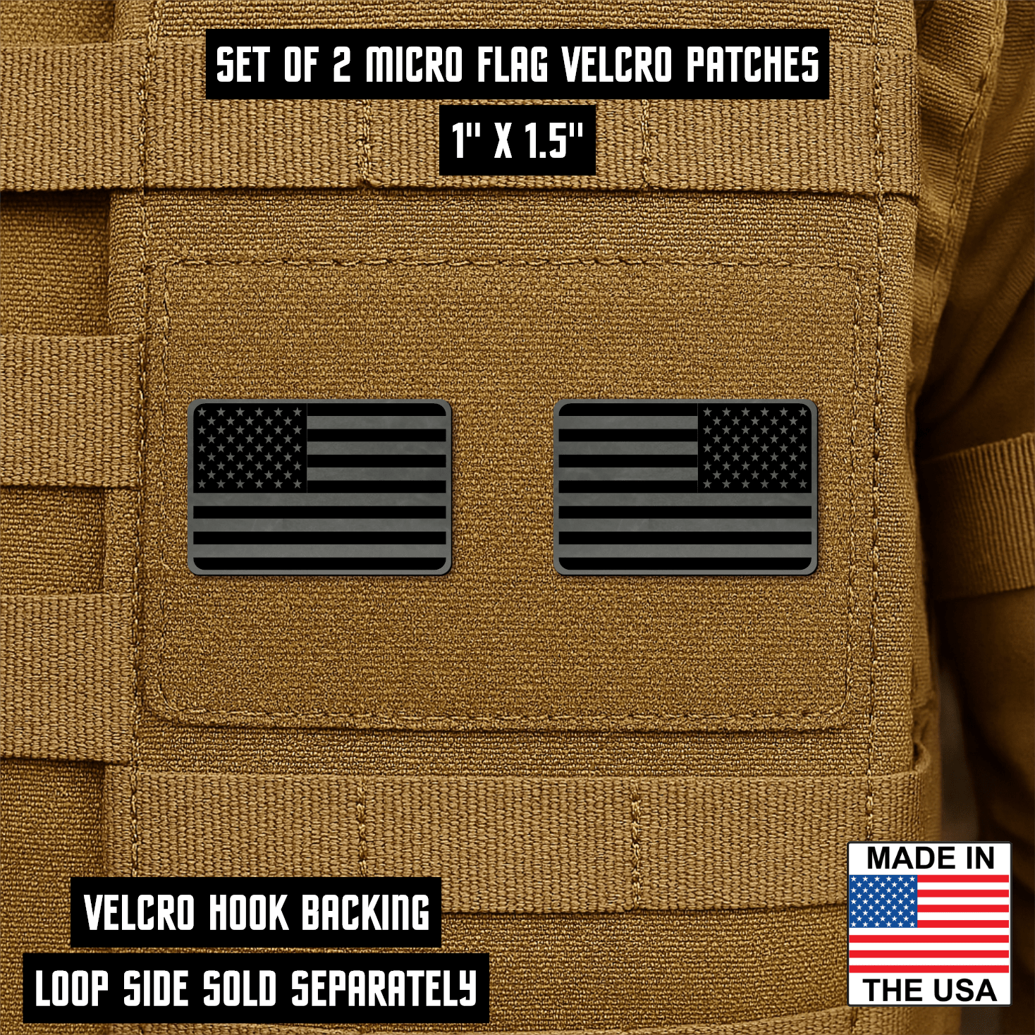 Mini American Flag Tactical Engraved Patch 1"x1.5" Hook & Loop | Set of 2 | Made in USA - LoneStar Adhesive