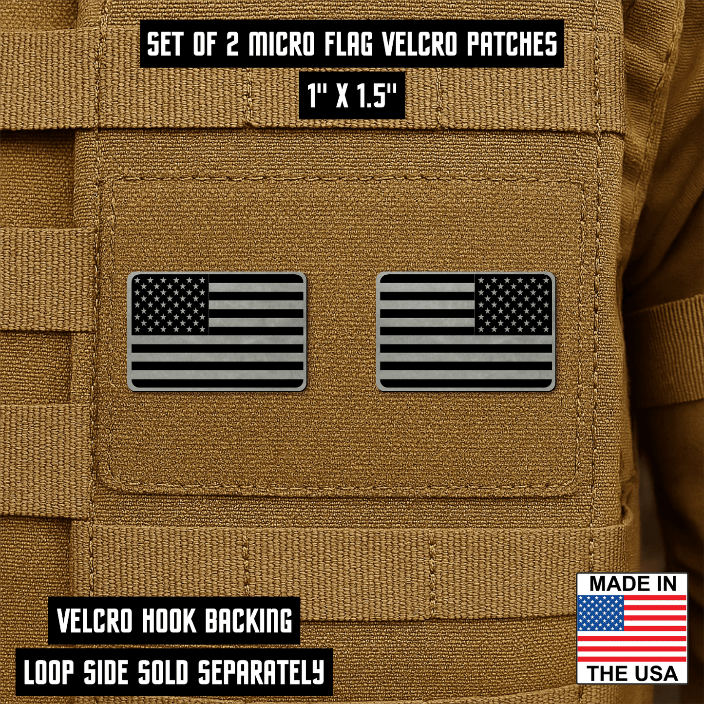 Mini American Flag Tactical Engraved Patch 1"x1.5" Hook & Loop | Set of 2 | Made in USA - LoneStar Adhesive