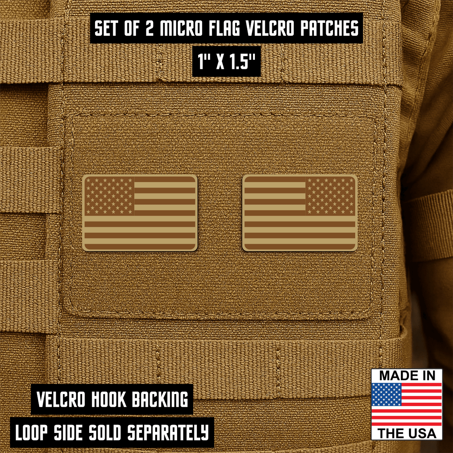 Mini American Flag Tactical Engraved Patch 1"x1.5" Hook & Loop | Set of 2 | Made in USA - LoneStar Adhesive