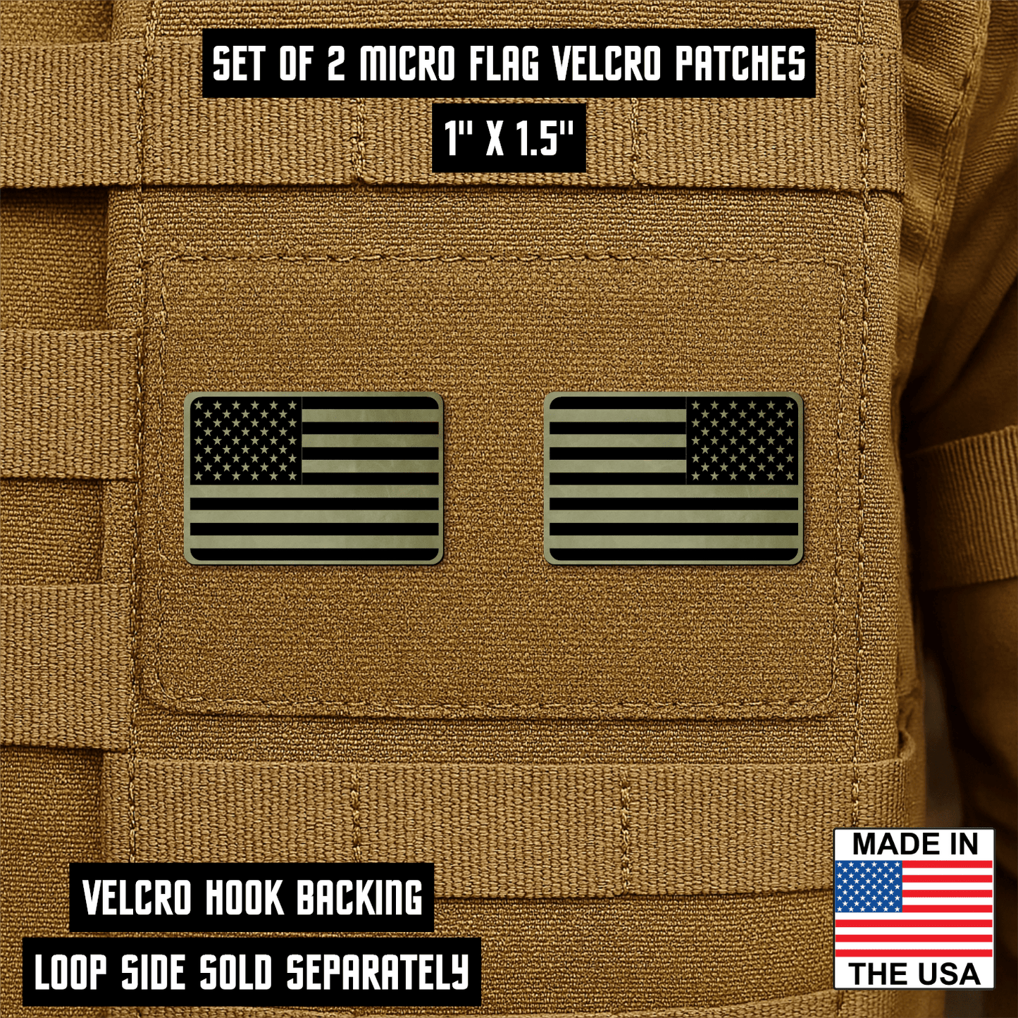 Mini American Flag Tactical Engraved Patch 1"x1.5" Hook & Loop | Set of 2 | Made in USA - LoneStar Adhesive