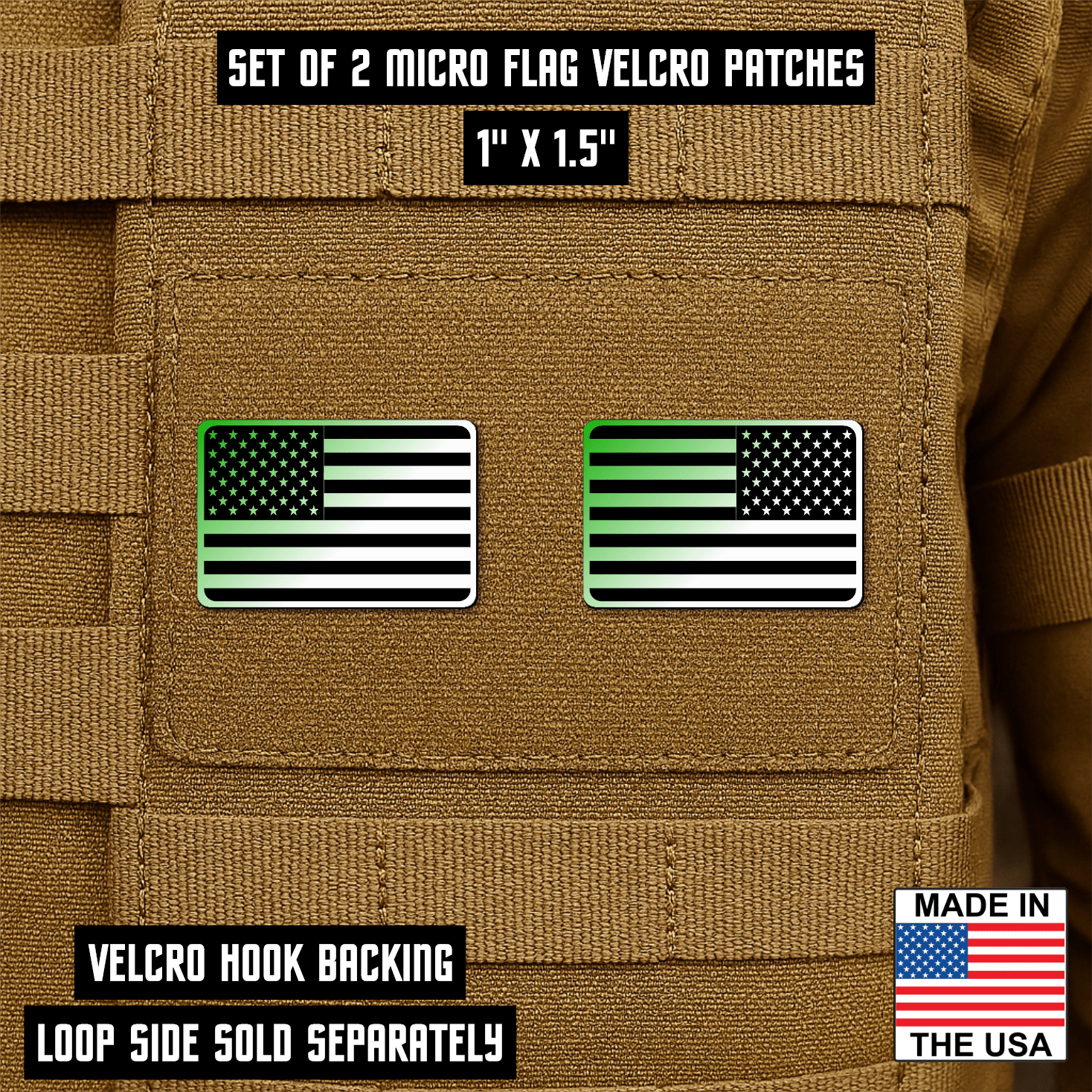 Mini American Flag Tactical Engraved Patch 1"x1.5" Hook & Loop | Set of 2 | Made in USA - LoneStar Adhesive
