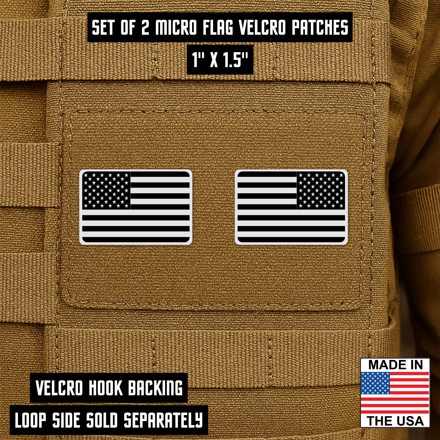 Mini American Flag Tactical Engraved Patch 1"x1.5" Hook & Loop | Set of 2 | Made in USA - LoneStar Adhesive