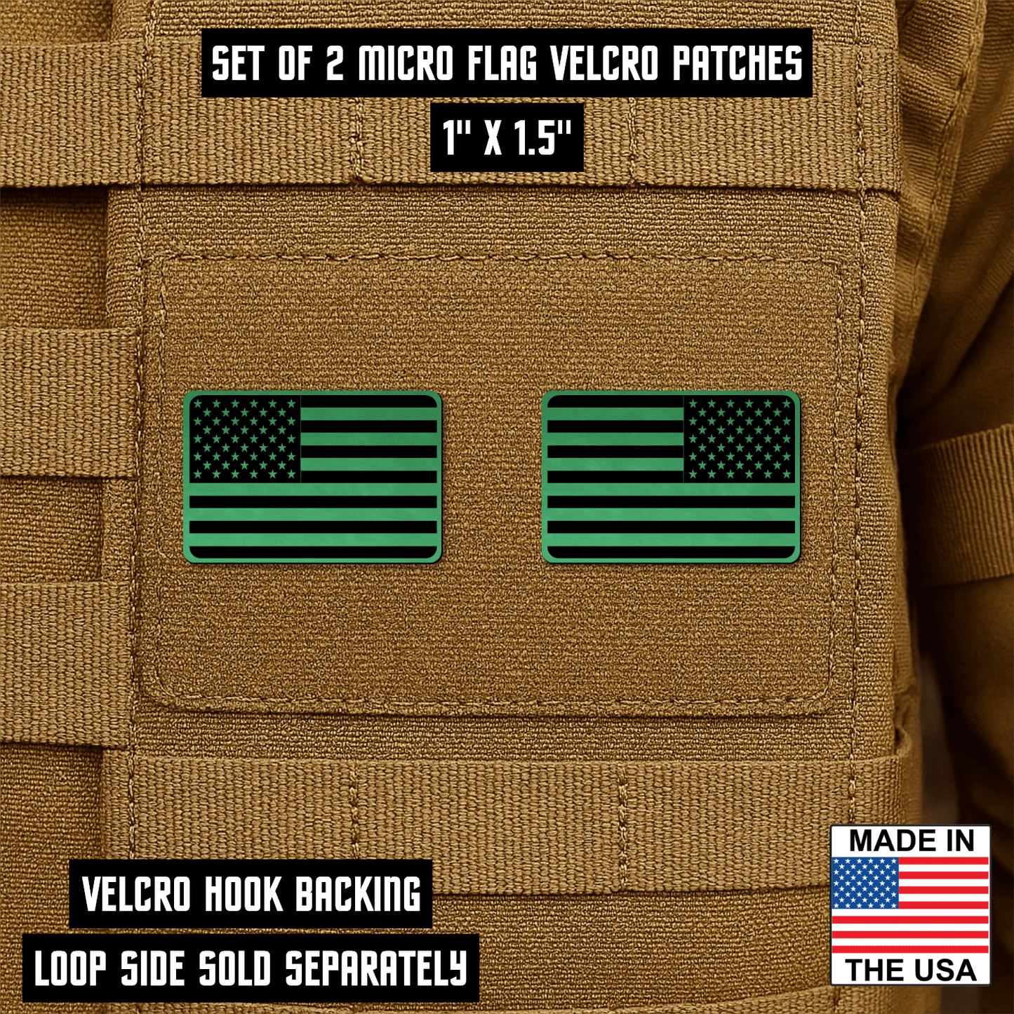 Mini American Flag Tactical Engraved Patch 1"x1.5" Hook & Loop | Set of 2 | Made in USA - LoneStar Adhesive