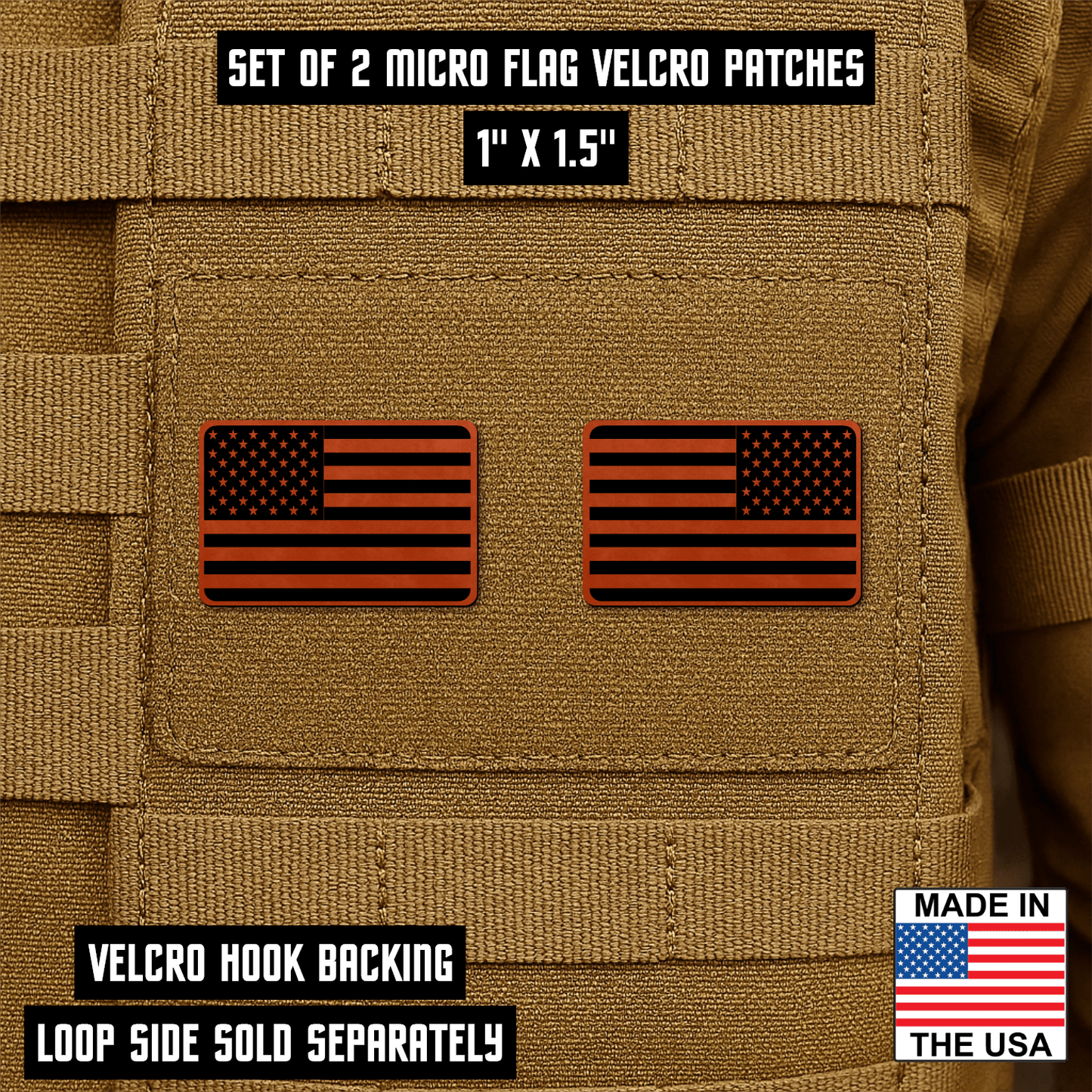 Mini American Flag Tactical Engraved Patch 1"x1.5" Hook & Loop | Set of 2 | Made in USA - LoneStar Adhesive