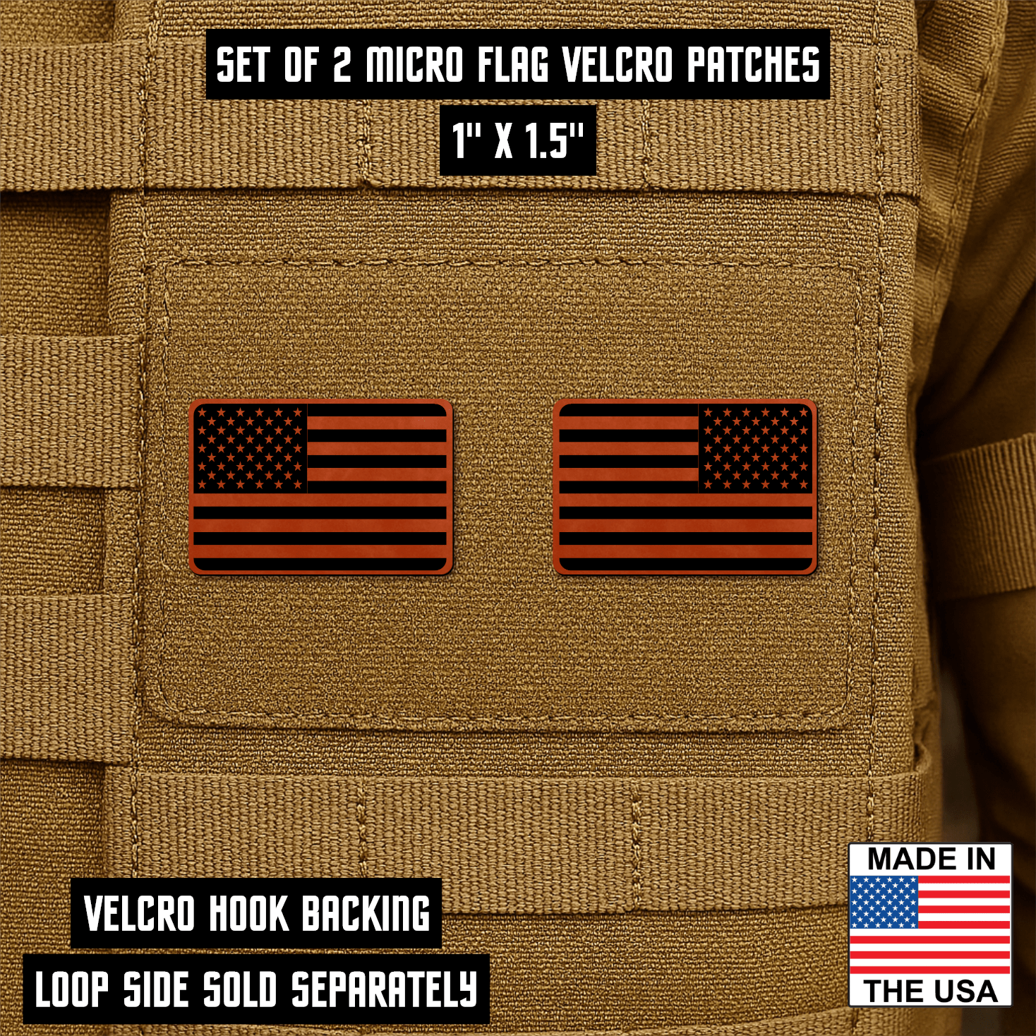 Mini American Flag Tactical Engraved Patch 1"x1.5" Hook & Loop | Set of 2 | Made in USA - LoneStar Adhesive