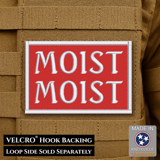 Front design and hook backing of MOIST patch in red with white lettering