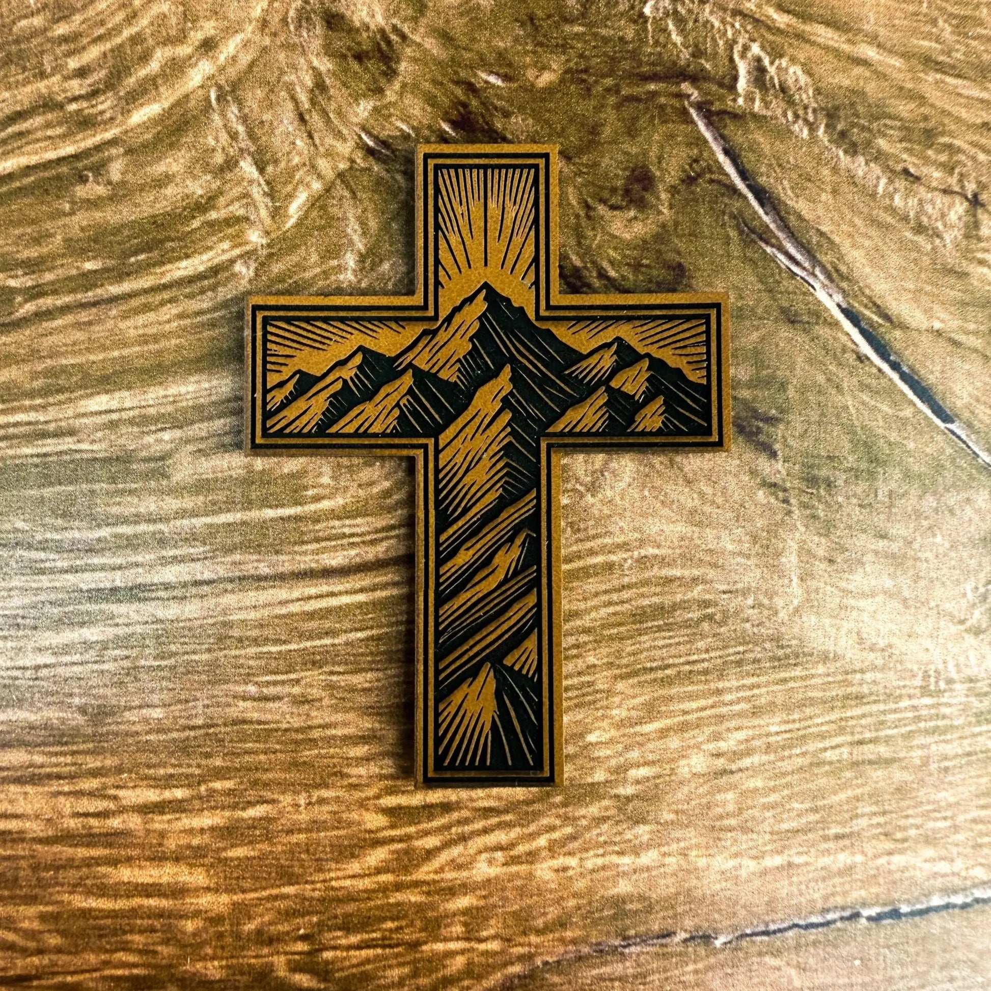 Mountain Cross – Laser Engraved Leather Patch - LoneStar Adhesive