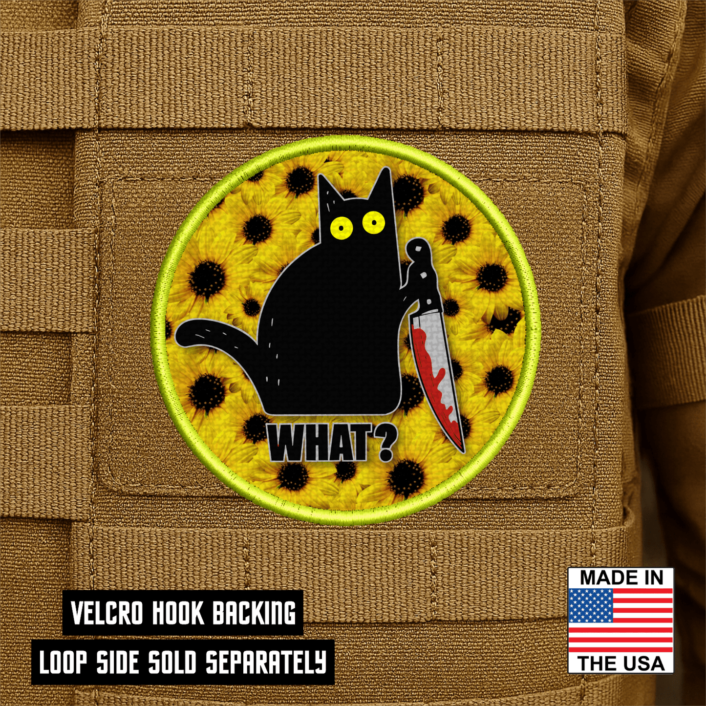 Murder Cat & Sunflowers Funny Morale Patch 3" Round Hook & Loop | Made in USA - LoneStar Adhesive