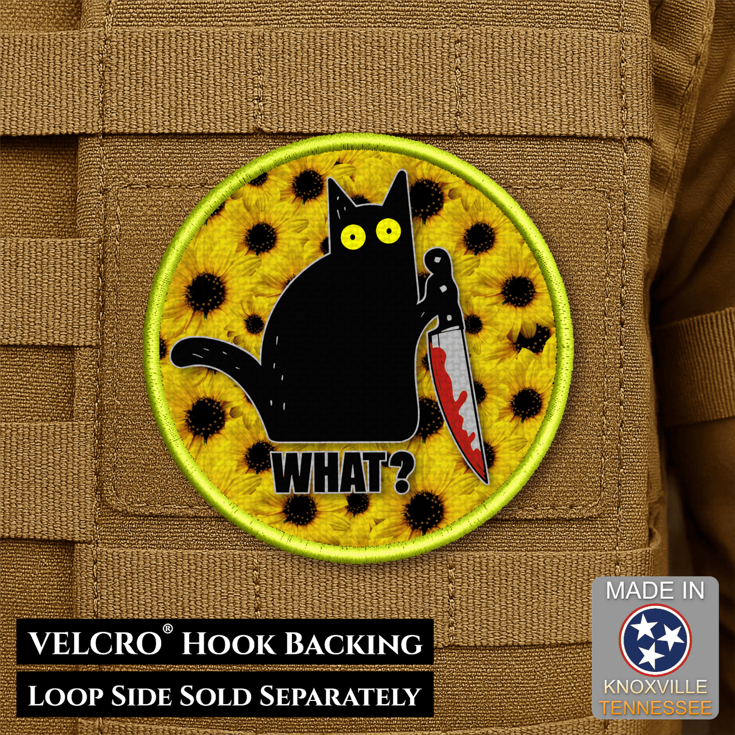 Murder Cat & Sunflowers Funny Morale Patch 3" Round Hook & Loop | Made in USA - LoneStar Adhesive