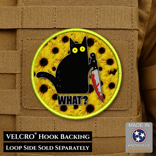 Murder Cat & Sunflowers Funny Morale Patch 3" Round Hook & Loop | Made in USA - LoneStar Adhesive