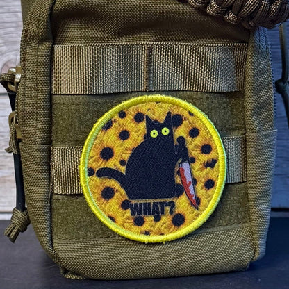Murder Cat & Sunflowers Funny Morale Patch, 3" Round | Made in USA | VELCRO® Brand Hook Backing - LoneStar Adhesive