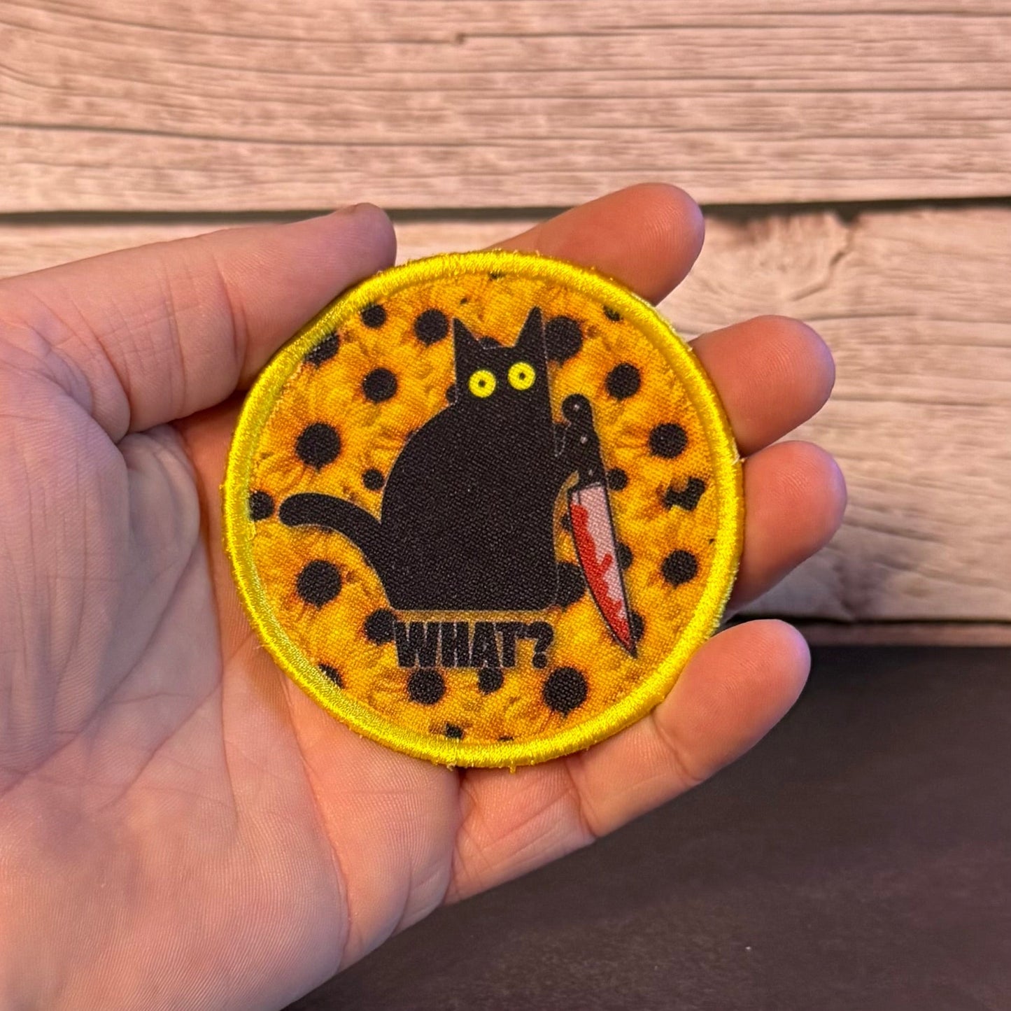 Murder Cat & Sunflowers Funny Morale Patch, 3" Round | Made in USA | VELCRO® Brand Hook Backing - LoneStar Adhesive