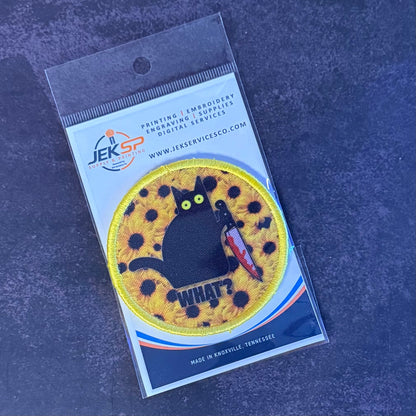 Murder Cat & Sunflowers Funny Morale Patch, 3" Round | Made in USA | VELCRO® Brand Hook Backing - LoneStar Adhesive