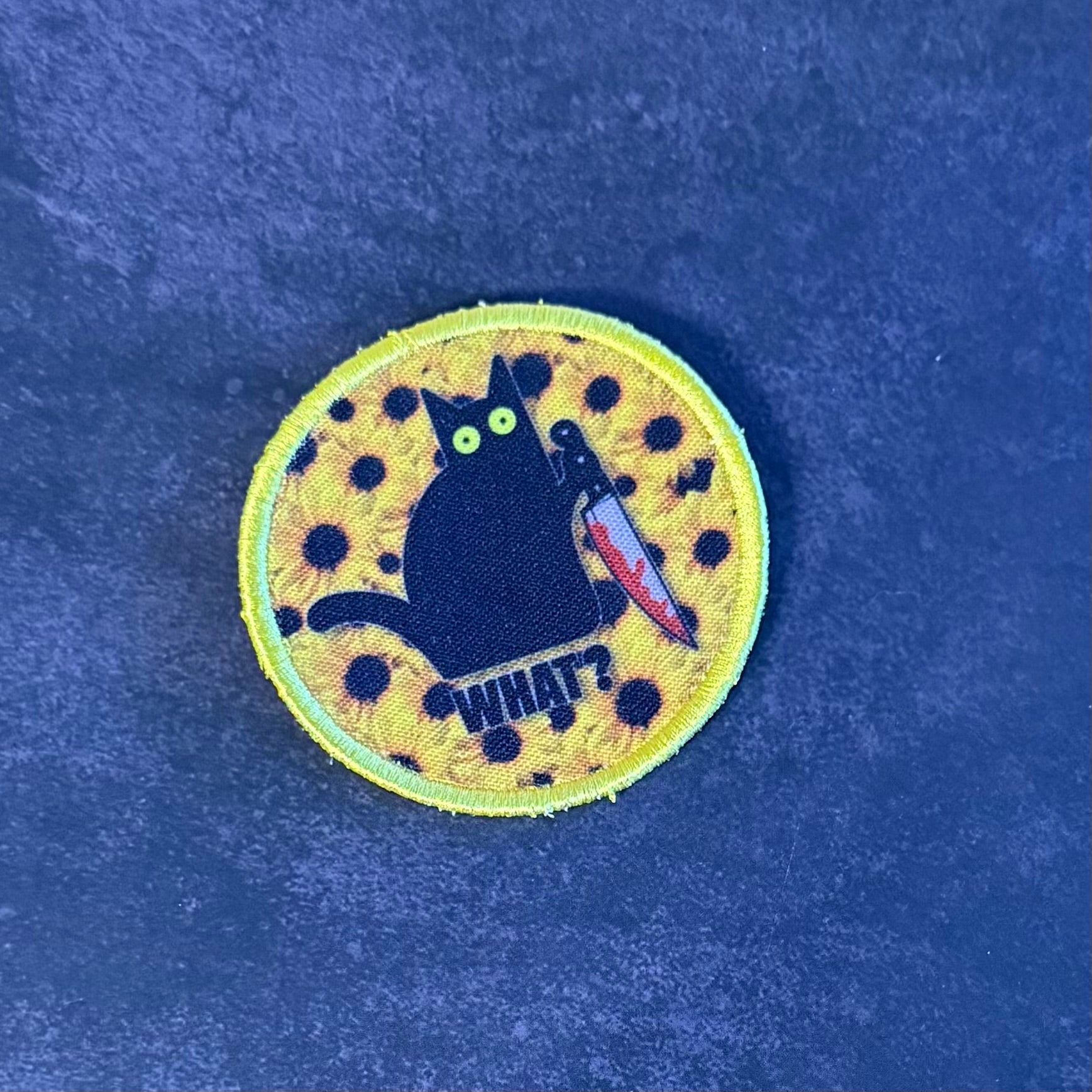 Murder Cat & Sunflowers Funny Morale Patch, 3" Round | Made in USA | VELCRO® Brand Hook Backing - LoneStar Adhesive