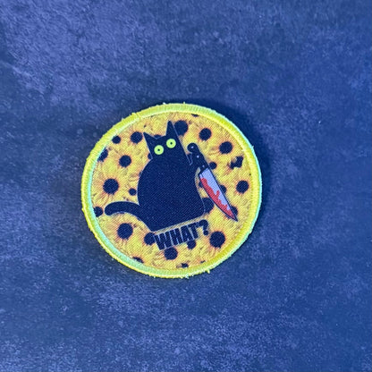 Murder Cat & Sunflowers Funny Morale Patch, 3" Round | Made in USA | VELCRO® Brand Hook Backing - LoneStar Adhesive