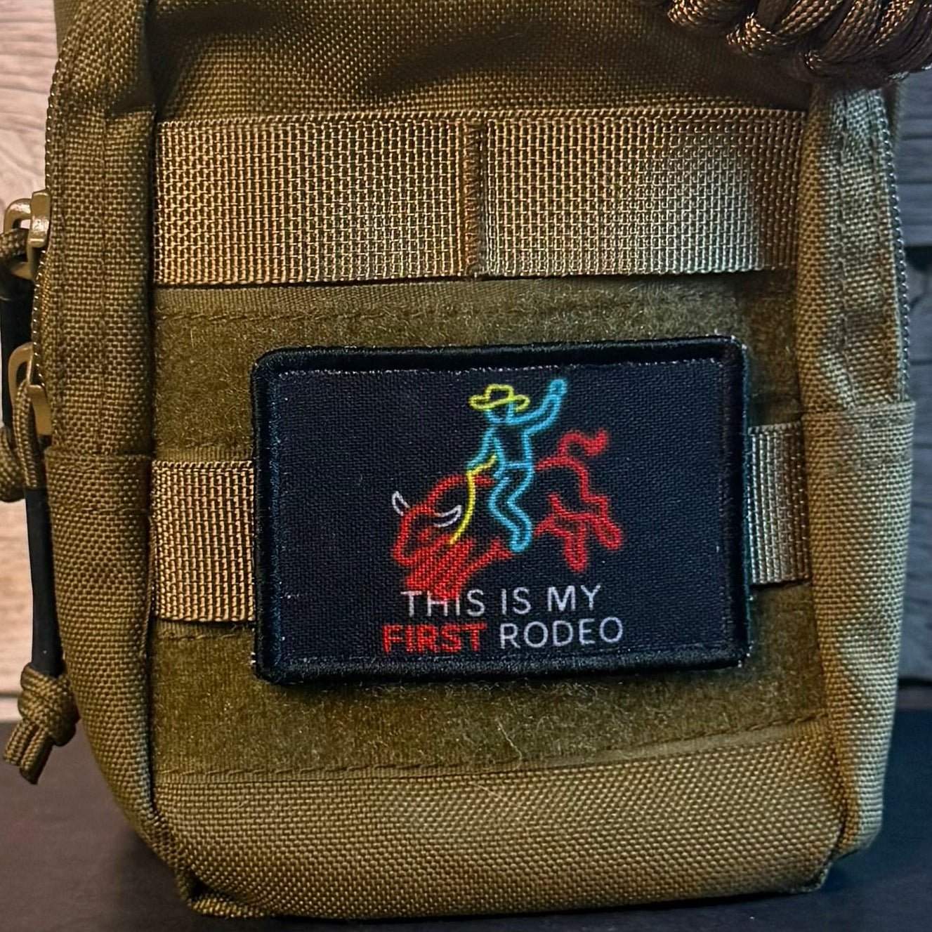 My First Rodeo Funny Morale Patch, 2x3" | Made in USA | VELCRO® Brand Hook Backing - LoneStar Adhesive